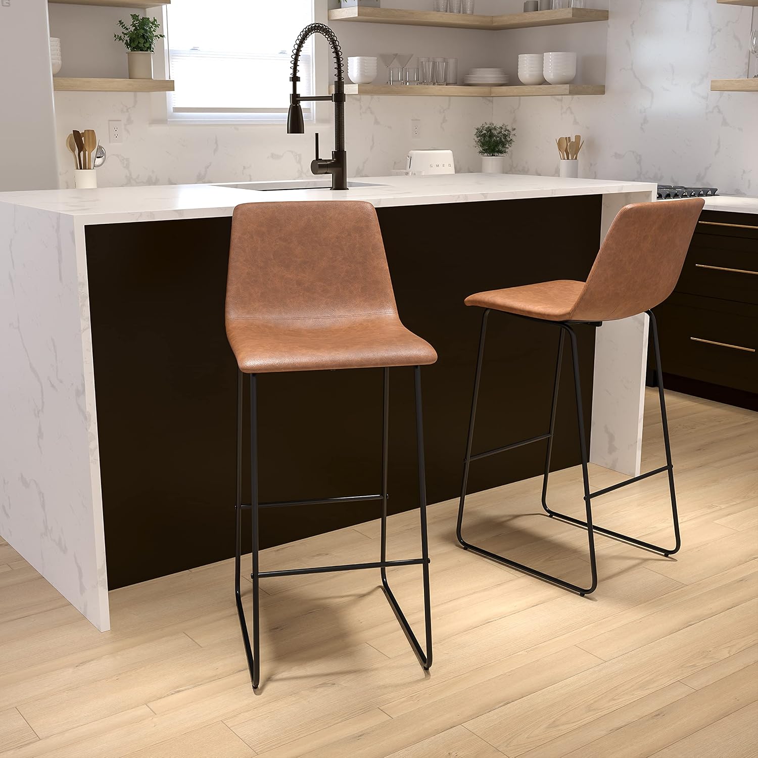 Flash Furniture Reagan 30' LeatherSoft Barstools with Footrest, Mid-Century Modern Bucket Style Bar Height Stools, Set of 2, Light Brown