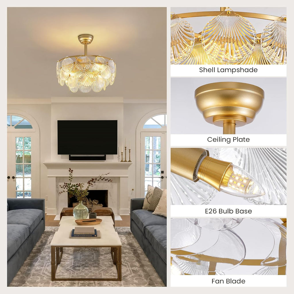 NOXARTE 22 Inch Crystal Ceiling Fan with Light, Multi-Tier Shell Cloud Glass Metal Caged Ceiling Fan Remote Control Modern Gold Fandelier Reverse Motor 6 Speeds Chandelier Fan for Living Room Bedroom