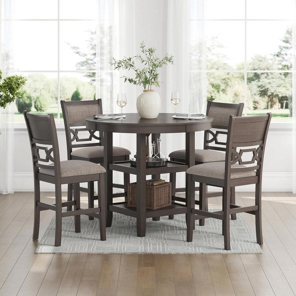 Signature Design by Ashley Wrenning Modern Diamond Patterned Counter Height Dining Table and 4 Upholstered Bar Stools with 2 Shelves, Set of 5, Gray & Light Gray