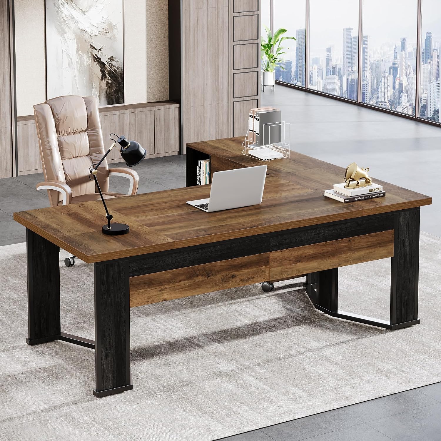 Tribesigns 70.86' Executive Desk with Mobile File Cabinet, Large L Shaped Computer Office Desk with 2 Drawers and Storage Shelves, Business Furniture Desk Workstation for Home Office (Rustic Brown)