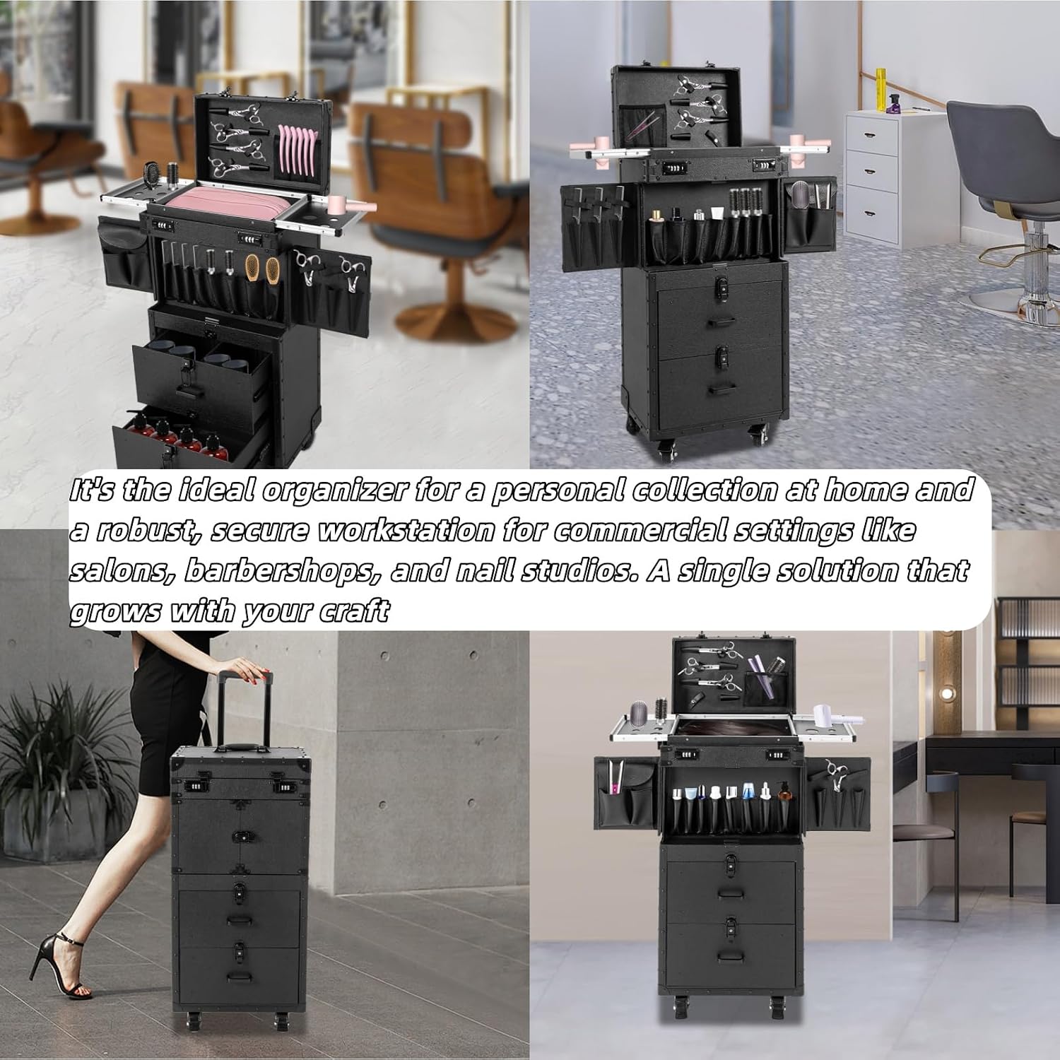 Rolling Makeup Case with Wheels and Locks, Cosmetology Case Makeup Train Case for Salon Barber, Hairdressing Rolling Case Trolley with Hair Dryer Holder and Extendable Tray
