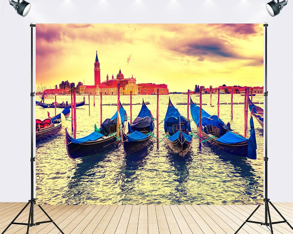 Trykid 20x10ft Venice Gondola Backdrop Golden Sunset San Giorgio Maggiore Island Grand Canal Mooring Poles Photography Background Italian Wedding Party Decoration Photo Booth Prop Fabric