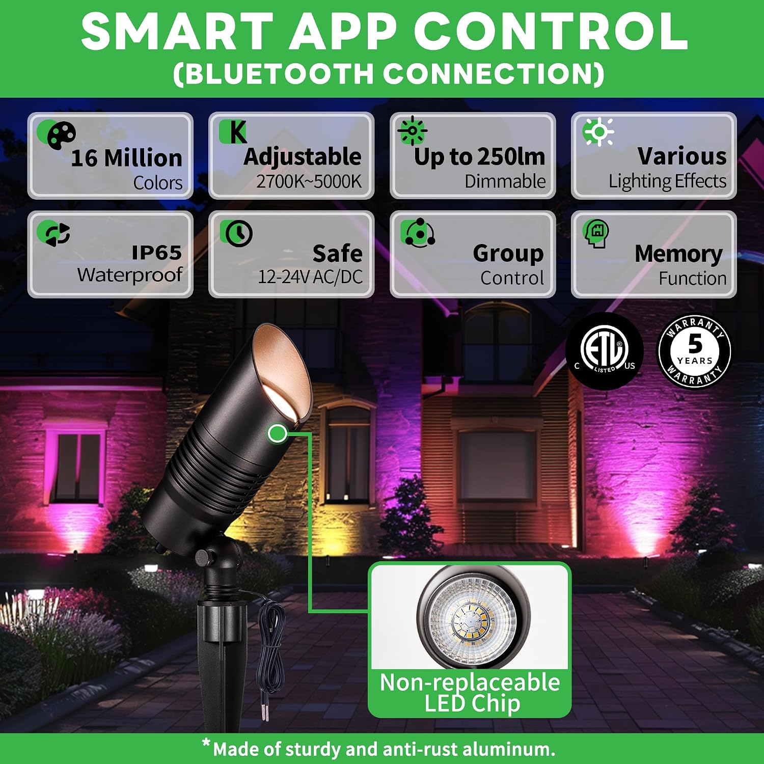 RGBCW Landscape Spotlights Low Voltage - Smart Color-Changing LED 12V Uplights, Spot Lights Outdoor Waterproof, App Control Works with Alexa, Aluminum Black for Outside Trees Wall 4 Pack