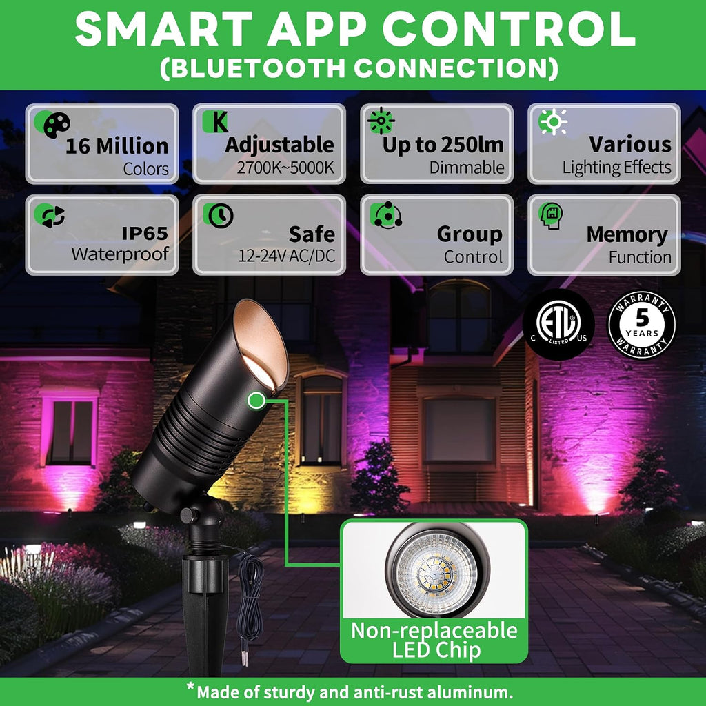 Smart Landscape Spotlight Outdoor - Multicolor LED Low Voltage Spot Lights with App, 12V Wired Uplights IP65 Waterproof, 5W 250LM Aluminum Black for Garden Patio Wall 6 Pack