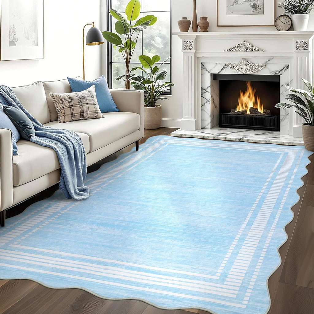 Garvee Modern Scalloped Rug 9x12 Washable Rugs for Living Room, Non-Slip Non-Shedding Faux Wool Soft Carpet, Minimalist Solid Neutral Large Floor Mats for Home Office Decor, Light Blue