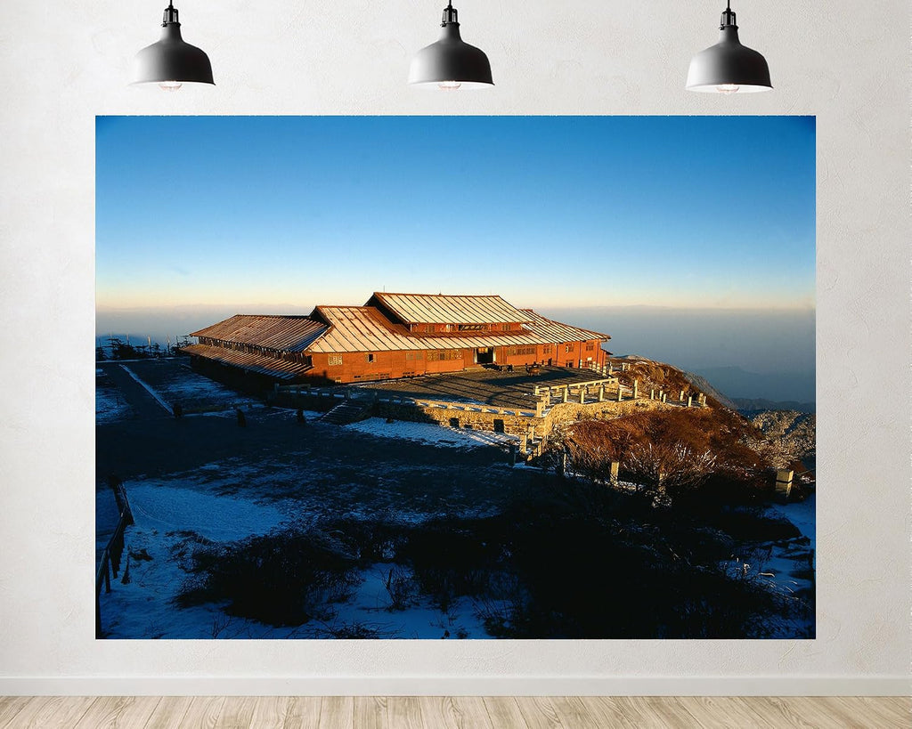 Trykid 20x10ft Mountain Top Cabin Backdrop Snow Covered Roof Clear Blue Sky Misty Horizon Serene Landscape Photography Background Wedding Birthday Party Decoration Photo Booth Prop Fabric
