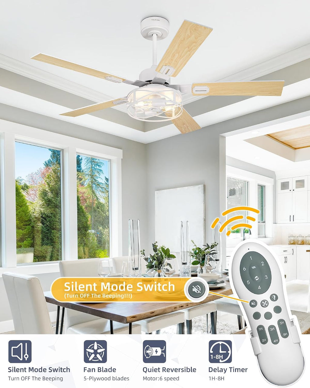 YOUKAIN Ceiling Fans with Lights, 48 Inch Farmhouse Ceiling Fans with Lights and Remote, 5-Reversible, White Finish, Outdoor Ceiling Fan for Indoor/Outdoor Use, 48-YJ632-WHW