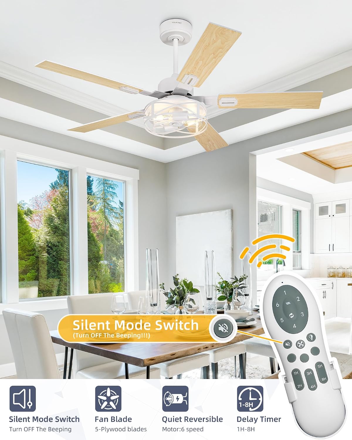YOUKAIN Ceiling Fans with Lights, 48 Inch Farmhouse Ceiling Fans with Lights and Remote, 5-Reversible, White Finish, Outdoor Ceiling Fan for Indoor/Outdoor Use, 48-YJ632-WHW
