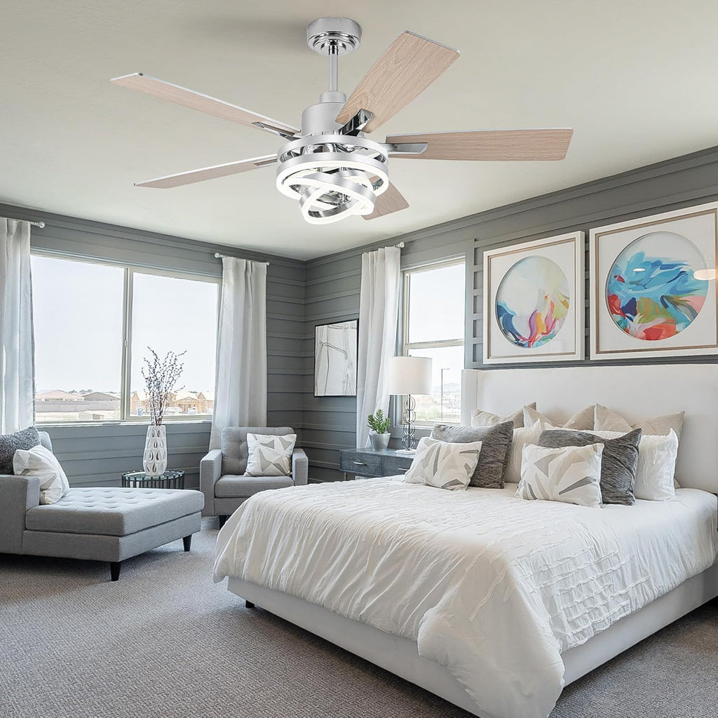 52 Inch Farmhouse Ceiling Fan with Light and Remote Control,Reversible DC Motor,Dimmable,DIY Rings LED,Chandelier Ceiling Fan with 5 Dual Finish Bladesfor Living Room/Dining Room/Bedroom