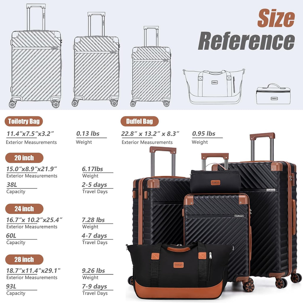 Cosbarn Luggage Sets 5 Piece with TSA Lock Spinner Wheels, Unisex Hard Case ABS Suitcase Set, Hardshell Lightweight Waterproof Travel Hardside Suitcases with Wheels for Women Men, Black
