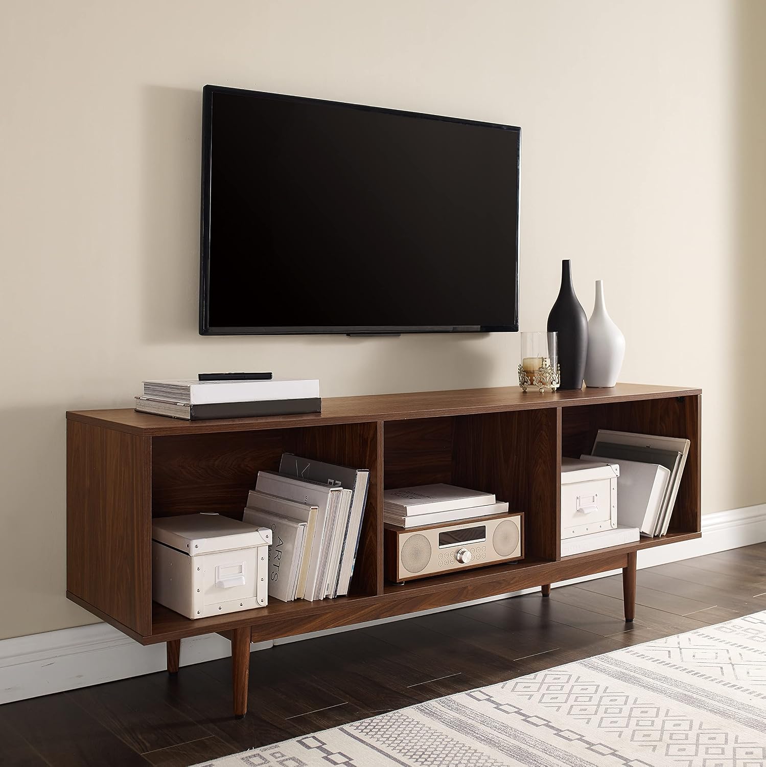 Crosley Furniture Liam Large Vinyl Record Storage TV Stand and Entertainment Center, Media Console, Walnut