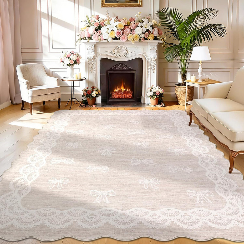 Garvee Scalloped Bow 9x12 Washable Rug for Living Room, Soft Beige Rugs Non-Slip Low Pile Rug Modern Farmhouse Lace Carpet, Stain Resistant Low Pile Floor Cover for Bedroom College Kids Room, Beige