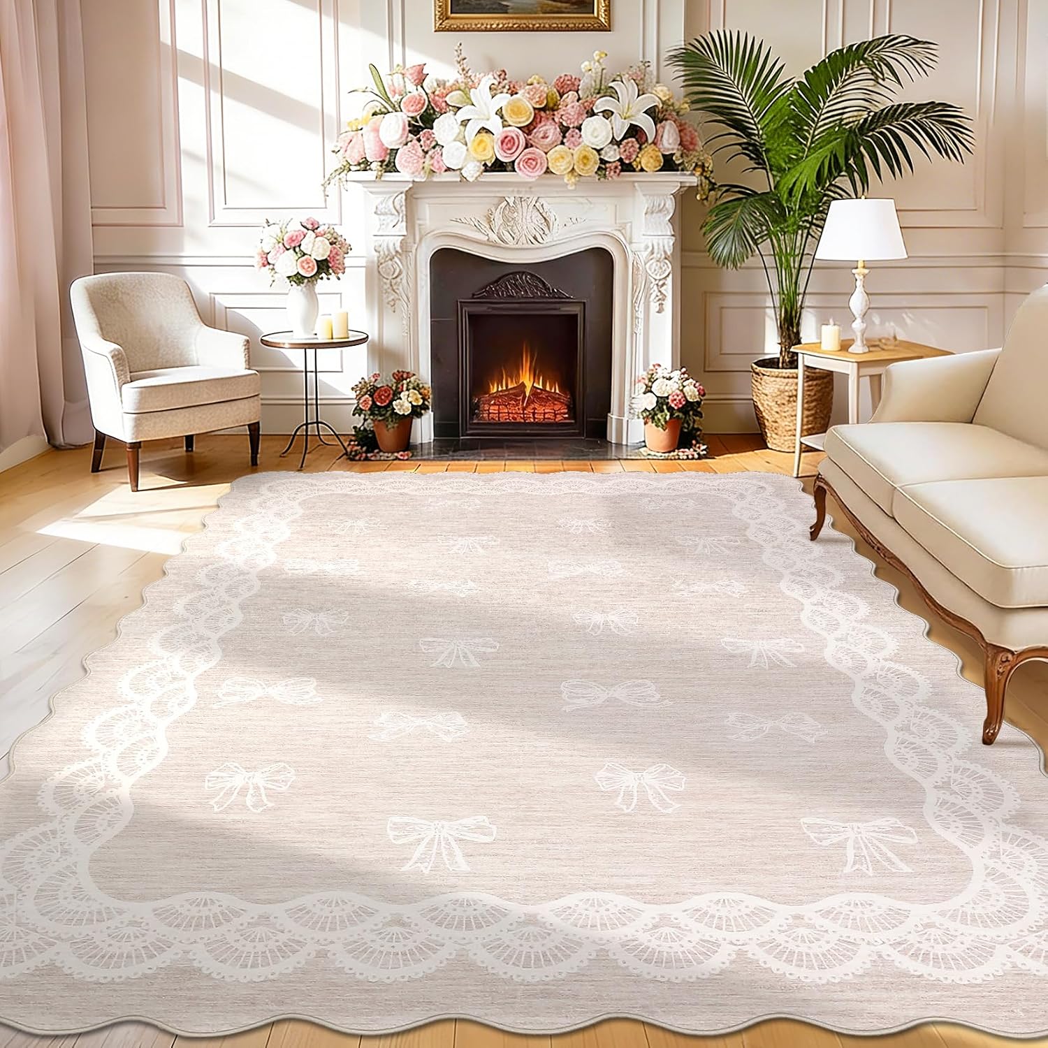 Garvee Scalloped Bow 9x12 Washable Rug for Living Room, Soft Beige Rugs Non-Slip Low Pile Rug Modern Farmhouse Lace Carpet, Stain Resistant Low Pile Floor Cover for Bedroom College Kids Room, Beige