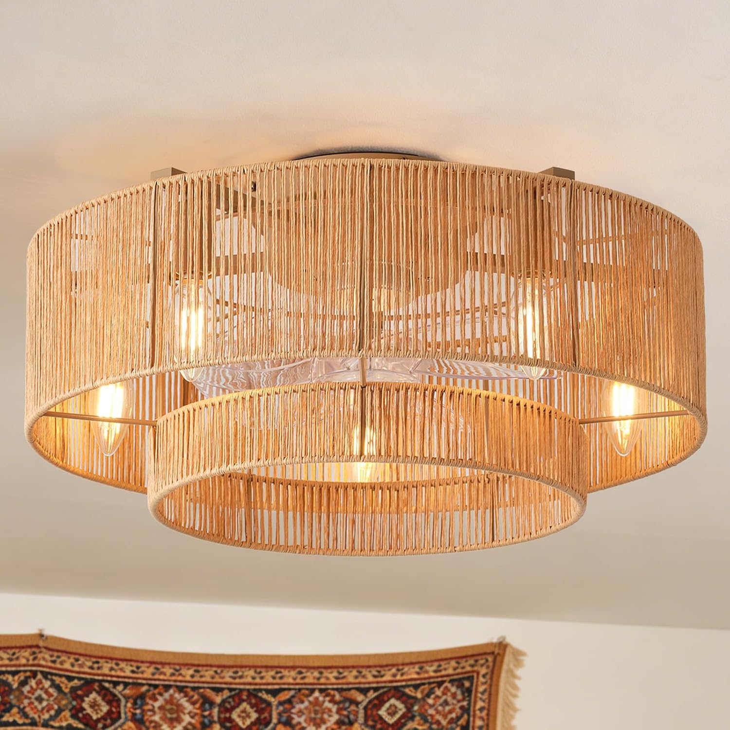 Boho Caged Ceiling Fan with Light, 20' Rattan Flush Mount Ceiling Fans with Lights Remote Contro, Bladeless Enclosed Fandelier Fan Safe for Bedroom, Living room, Nursery