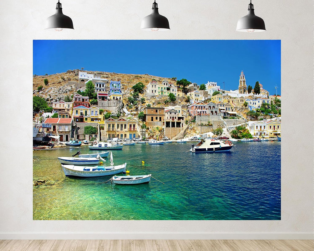 Trykid 20x10ft Greek Harbor Backdrop Colorful Hillside Houses Clear Blue Sky Fishing Boats Photography Background Travel Shoots Tapestry Party Decoration Photo Studio Prop Fabric
