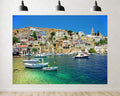 Trykid 20x10ft Greek Harbor Backdrop Colorful Hillside Houses Clear Blue Sky Fishing Boats Photography Background Travel Shoots Tapestry Party Decoration Photo Studio Prop Fabric