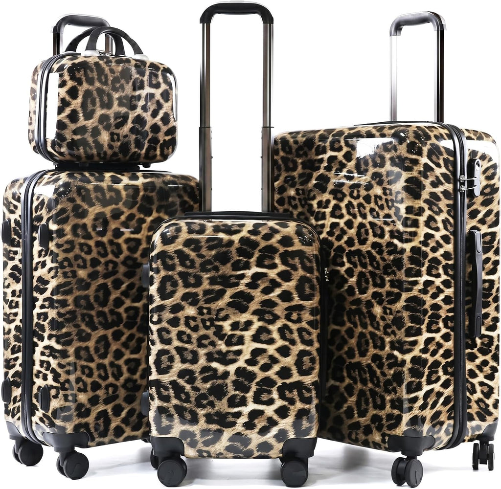 4 Piece Leopard Print Luggage Set - Cheetah Print Hard Shell Suitcases with Spinner Wheels, Animal Print Rolling Luggage for Travel (14' + 20' + 24' + 28')