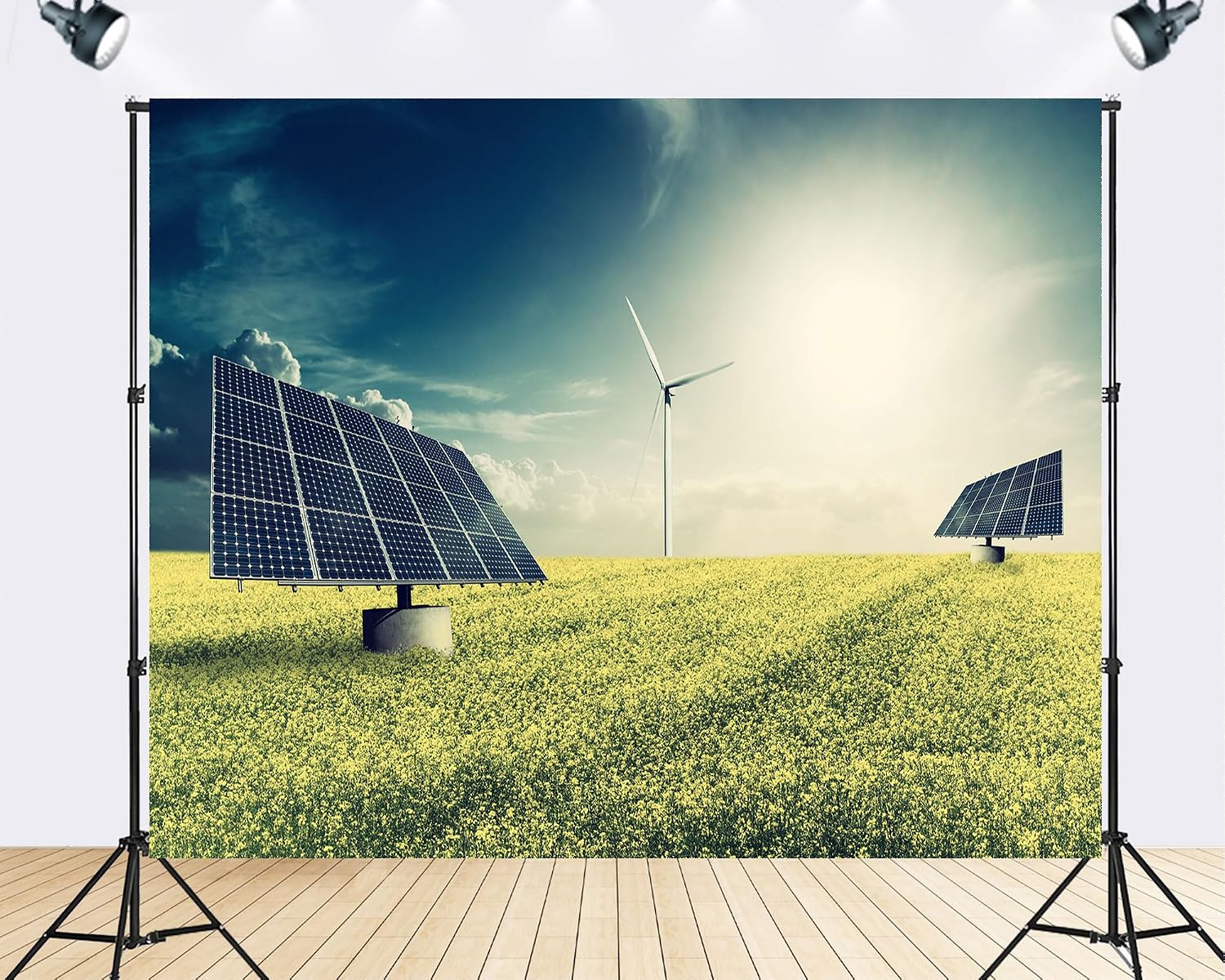 Trykid 20x10ft Solar Wind Turbine Yellow Field Backdrop Renewable Energy Landscape Photography Background Eco Friendly Event Party Decoration Tapestry Photo Booth Prop Fabric