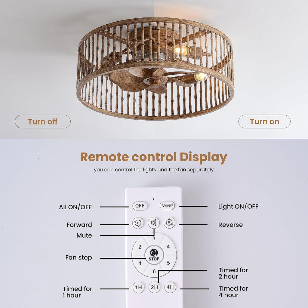 Rustic Looking Caged Ceiling Fan with Lights and Remote, 20 Inch Low Profile Flush Mount Fandelier, Bladeless/Quiet Motor Boho Fan Light for Bedroom, Dining Room, Kitchens, Living Room, Office