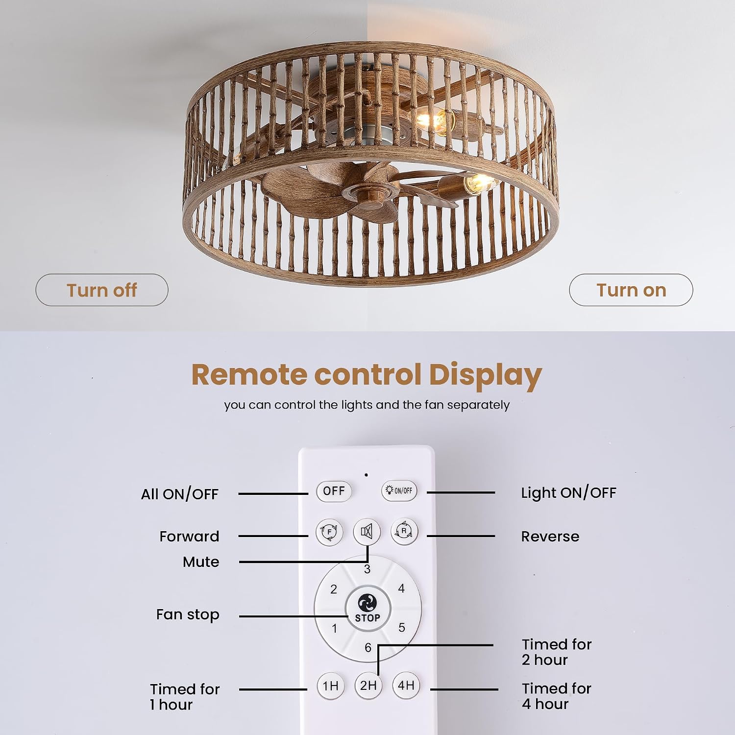 Rustic Looking Caged Ceiling Fan with Lights and Remote, 20 Inch Low Profile Flush Mount Fandelier, Bladeless/Quiet Motor Boho Fan Light for Bedroom, Dining Room, Kitchens, Living Room, Office