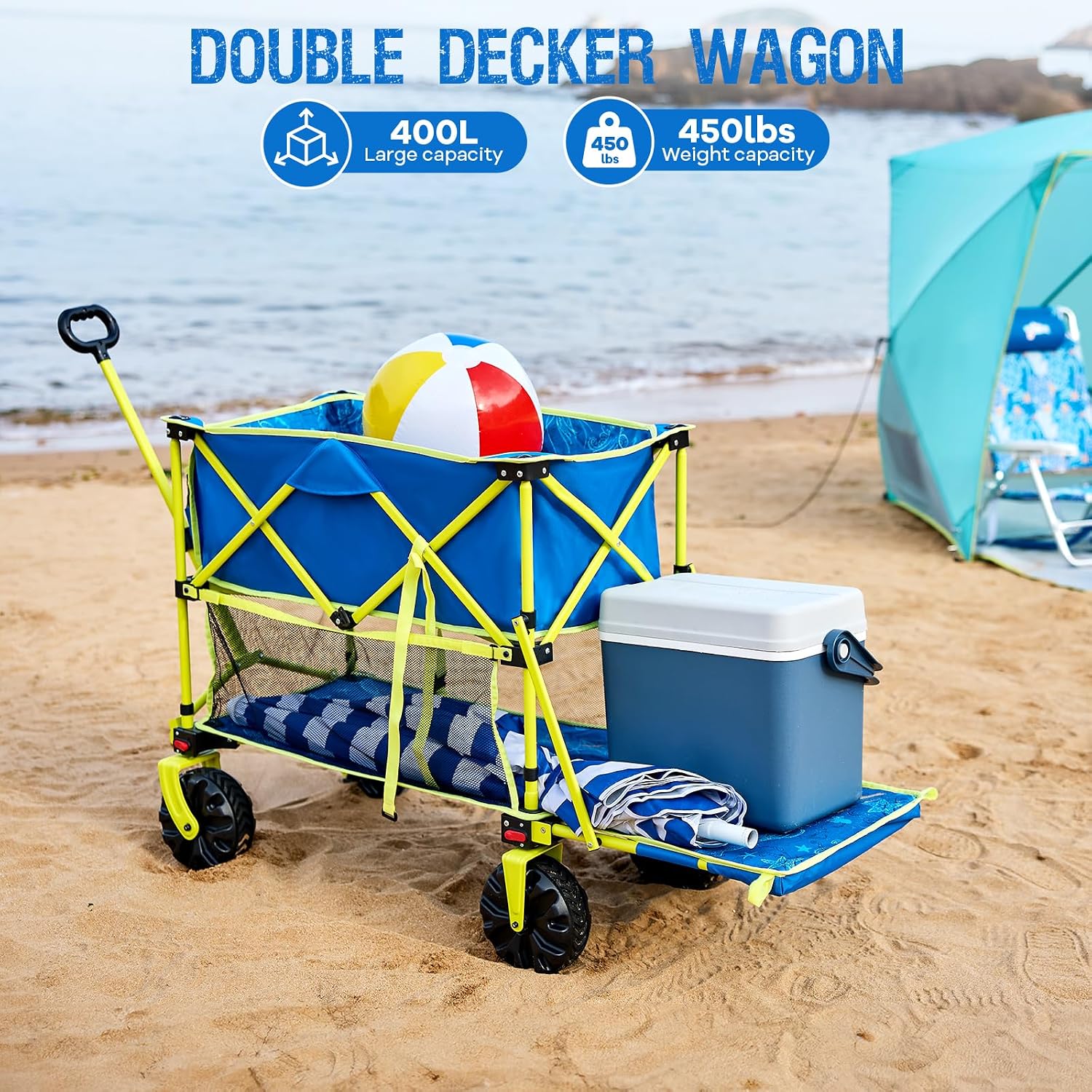 Old Bahama Bay 400L Collapsible Double Decker Beach Wagon with Brakes, Folding Beach Cart with 54' Extra Long Decker, 450LBS Heavy Duty Wagon Chart with All-Terrain Big Wheels for Sand Camping Garden