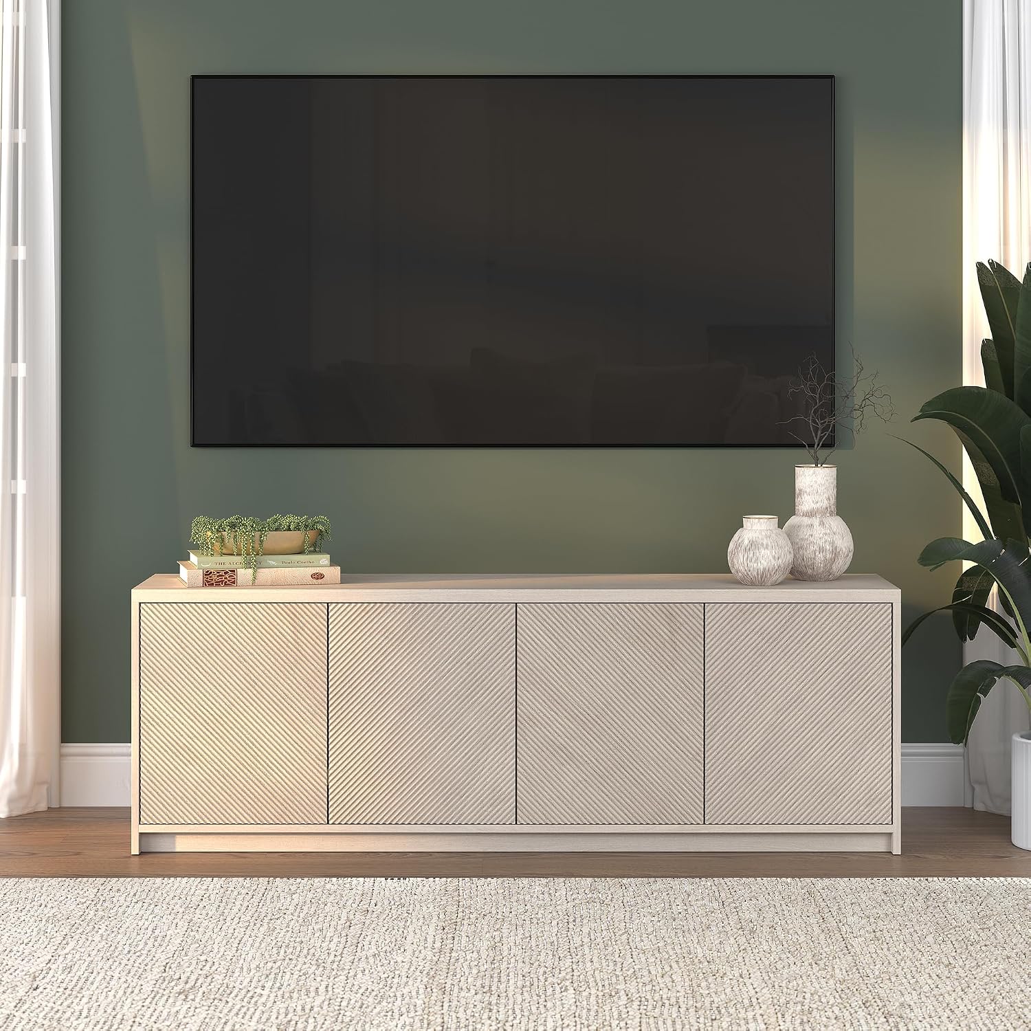 Henn&Hart Rectangular TV Stand for TV's up to 78' in Beech White, for Home, Living Room, Bedroom, Entertainment Room, Office