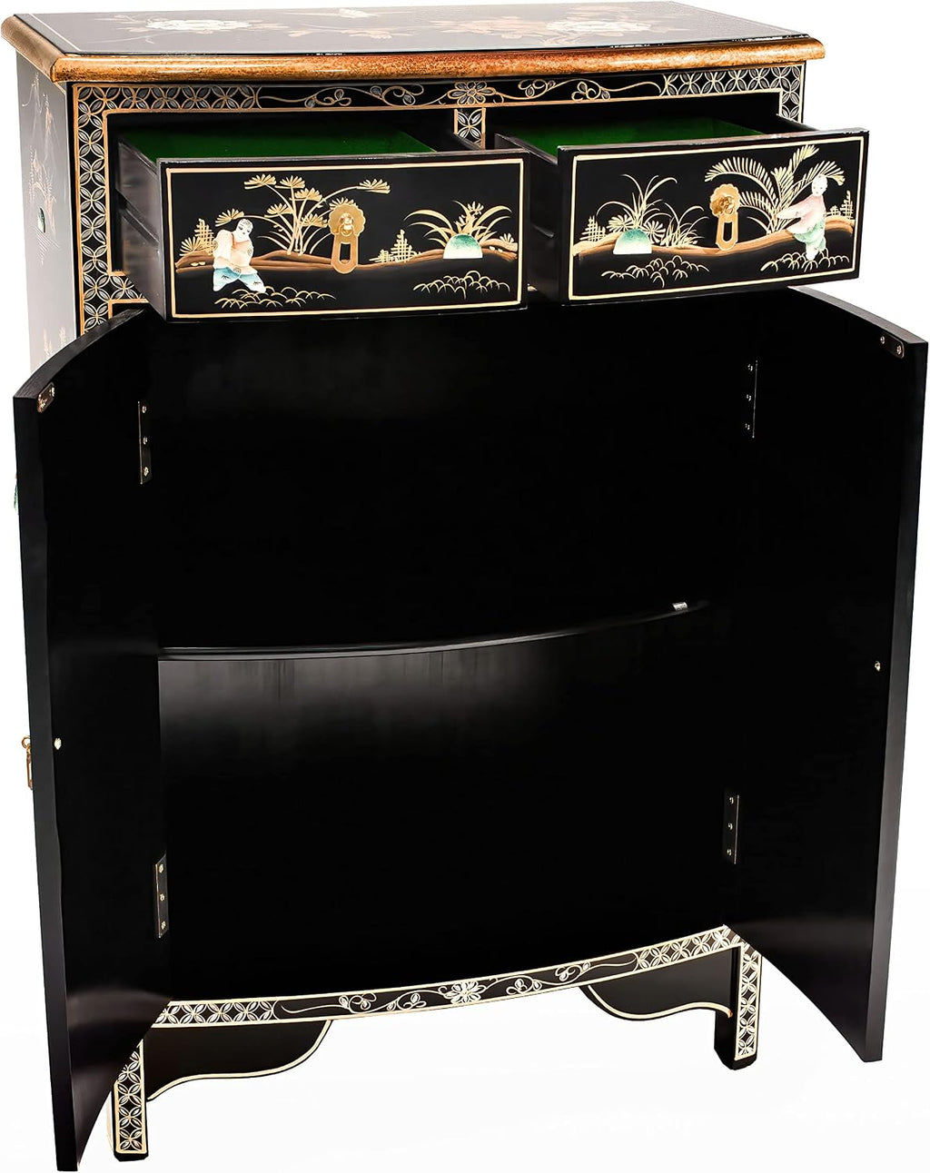 Red Lantern Artisan Crafted Lacquer Storage Cabinet - Black with Mother of Pearl Courtyard Scene