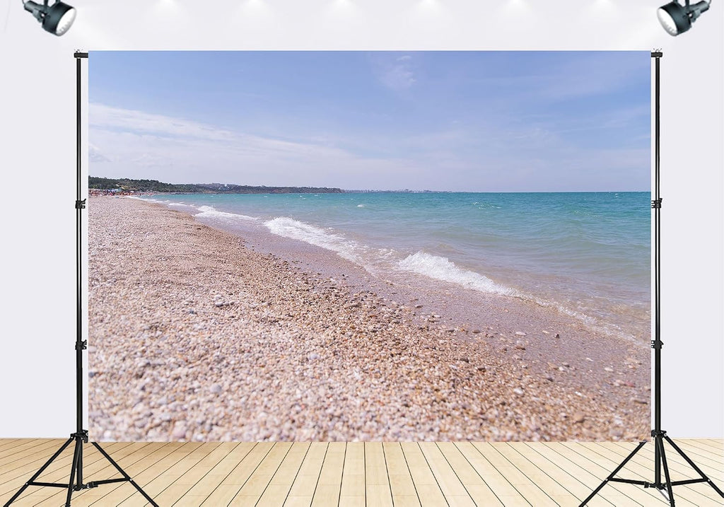 Trykid 20x10ft Pebble Beach Shoreline Backdrop Turquoise Waves Calm Sea Clear Horizon Photography Background Summer Event Coastal Decor Party Decoration Photo Booth Prop Fabric