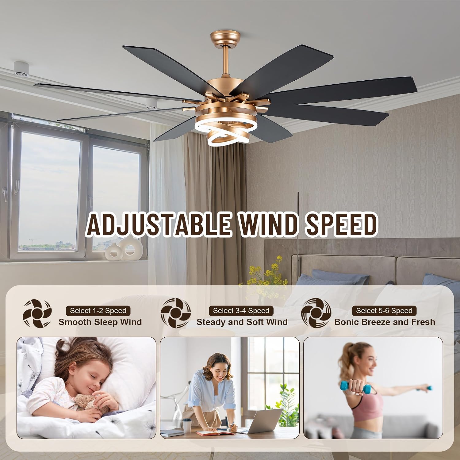 72'' Large Ceiling Fans with Lights and Remote, Indoor/Outdoor Gold Chandelier Fan with DIY Rings LED,Fandelier Ceiling Fans with Lights for Living Room/Porch/Patio