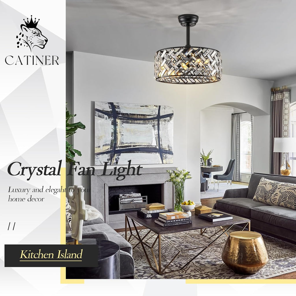 Modern Caged Ceiling Fan with Light Crystal Fandelier with Remote Control 18' Black Flush Mount Ceiling Fan DC Motor with Reversible 8 Blades 6 Speeds for Bedroom Dining Room Kitchen