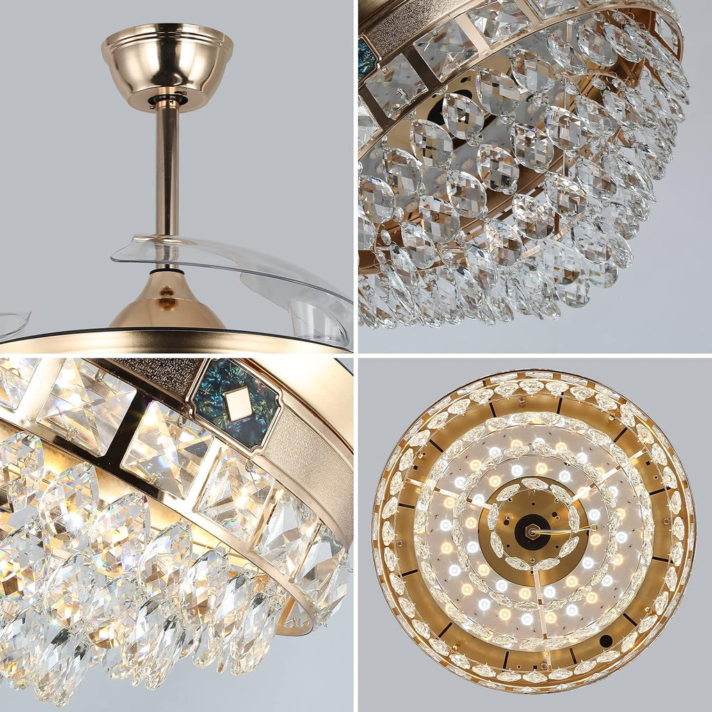 42' Modern Crystal Chandelier Ceiling Fan with Lights Gold Dimmable Fandeliers LED Invisible Fandelier Crystal Chandelier Fan 3 in 1 Color with Memory Function