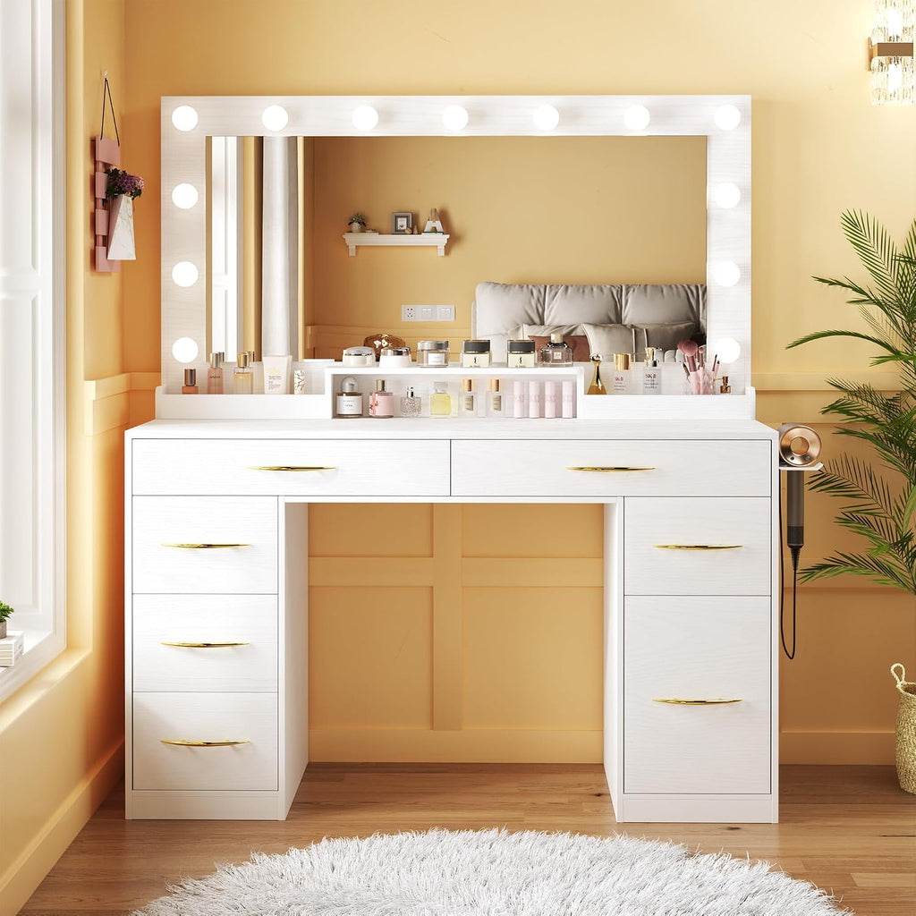ALEXNUTRE Vanity Desk with Mirror and Lights, Makeup Vanity with Outlets & Large Mirror & 6 Drawers,White Vanity with 3-Color Adjustable Lighting, Makeup Vanity for Bedroom