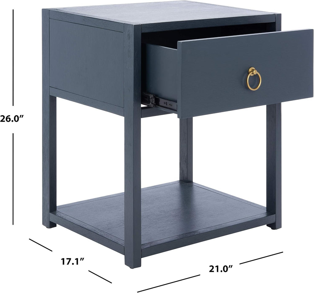 SAFAVIEH Furniture - Sadie 1-Drawer Nightstand - Navy - Wood - Glam Gold Hardware Design - Ideal for Bedroom, 21'W x 17.2'D x 26'H - Fully Assembled (NST9201A)