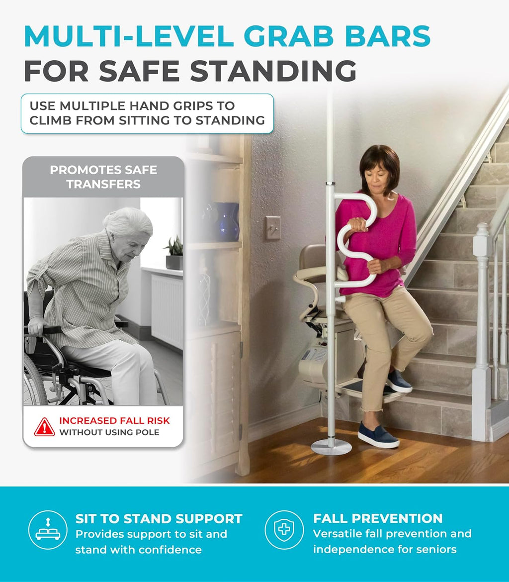 Stander Wonder Pole HD, Heavy Duty Security Pole and Curve Grab Bar, Tension Mounted Floor to Ceiling Transfer Pole for Seniors & Elderly Adults, Bariatric Bath Safety Assist Rail, Supports 400 lbs
