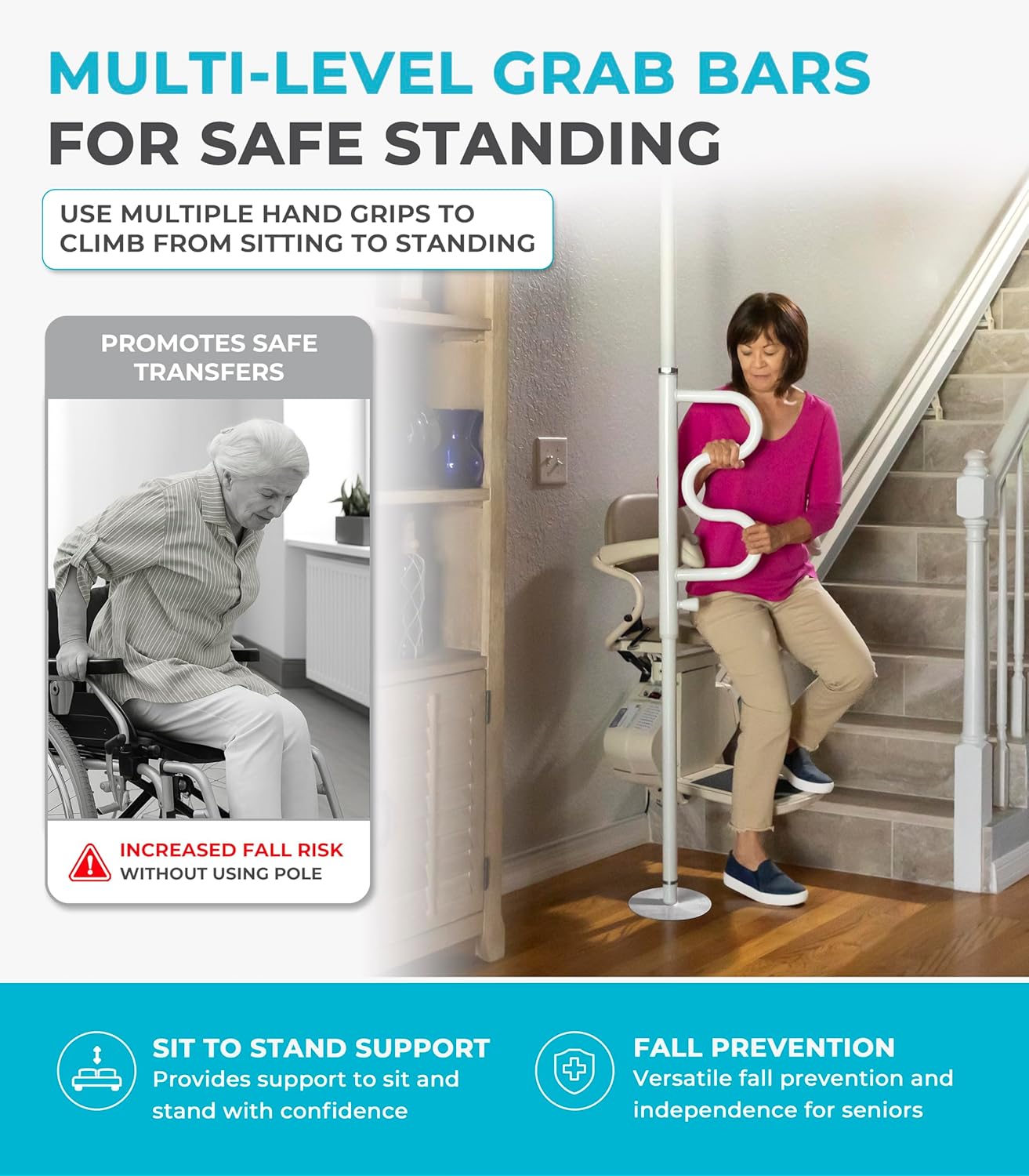 Stander Wonder Pole HD, Heavy Duty Security Pole and Curve Grab Bar, Tension Mounted Floor to Ceiling Transfer Pole for Seniors & Elderly Adults, Bariatric Bath Safety Assist Rail, Supports 400 lbs