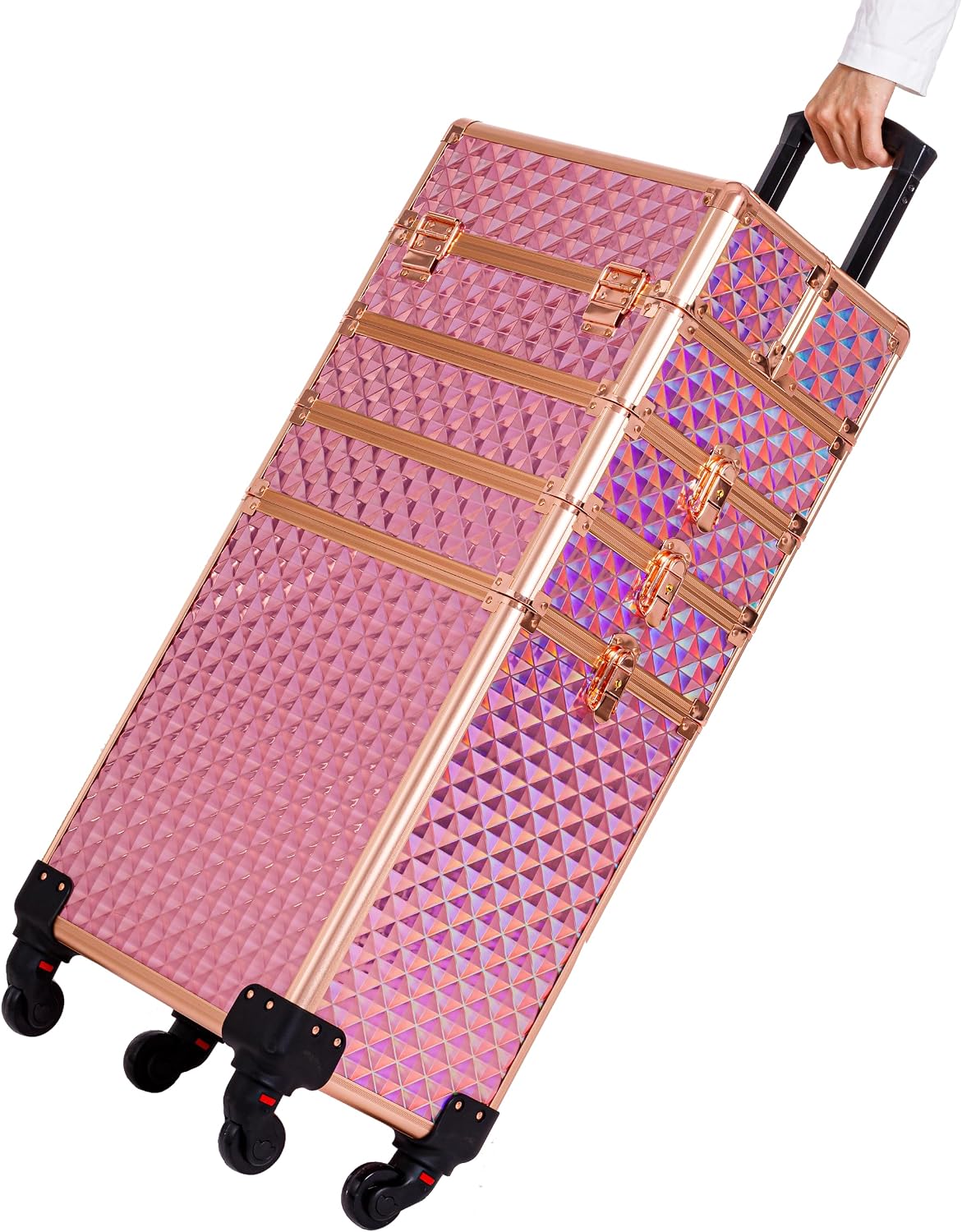 AROUS Rolling Makeup Train Case 4 in 1 Cosmetology Case on Wheels Large Storage Cosmetic Trolley with Key Salon Barber Case Traveling Cart Trunk, Pink