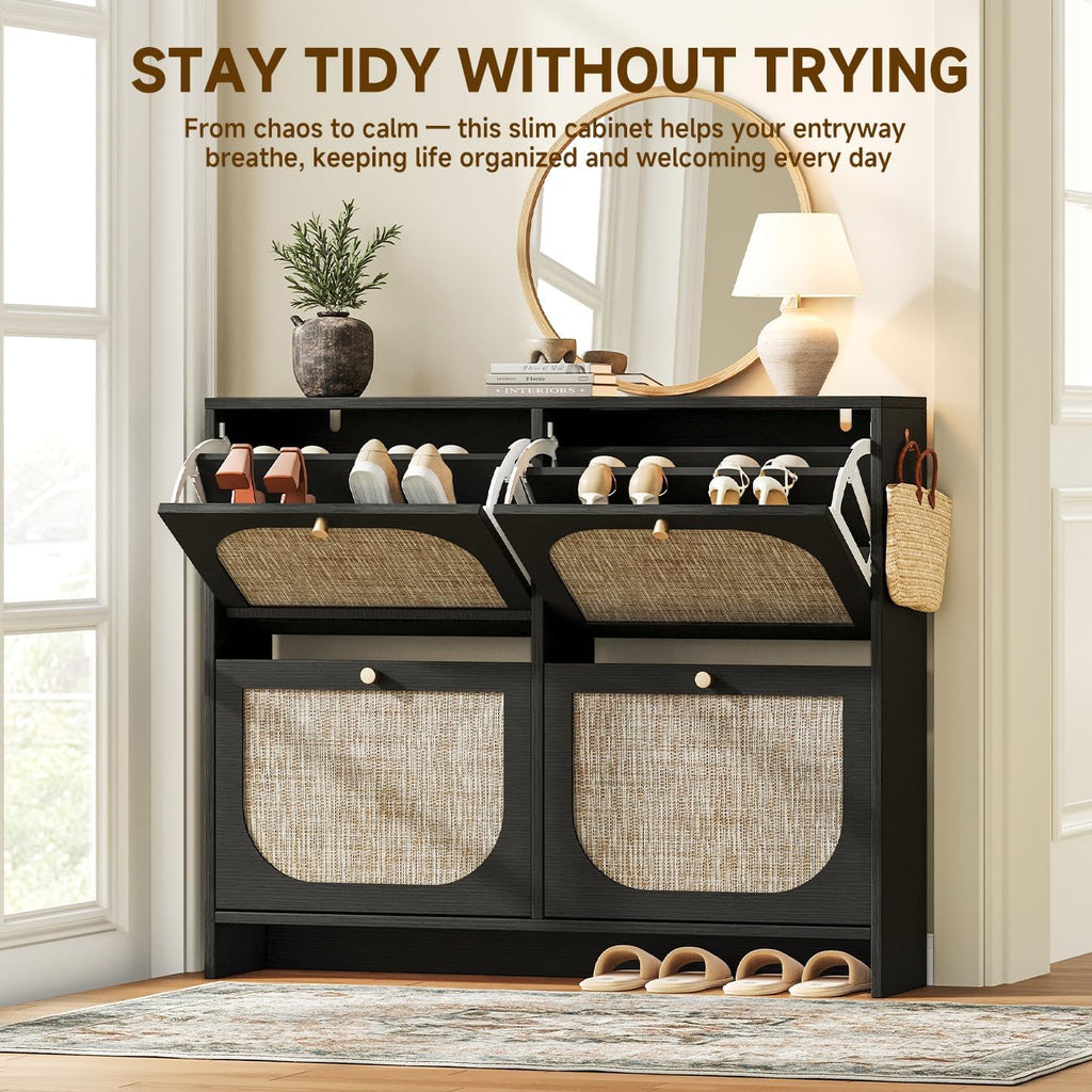 Nicetree Shoe Cabinet Storage for Entryway, Narrow Shoe Organizers with 4 Flip Drawers, Freestanding Large Shoe Rack with 3-Tier Adjustable Shelves for Hallway Entryway Foyer Black