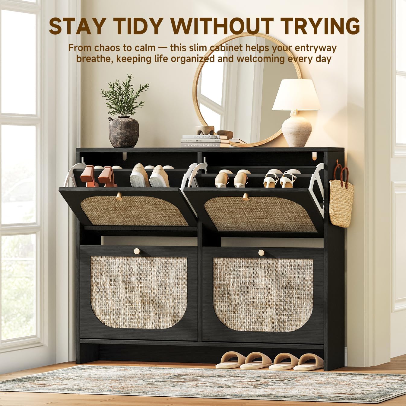Nicetree Shoe Cabinet Storage for Entryway, Narrow Shoe Organizers with 4 Flip Drawers, Freestanding Large Shoe Rack with 3-Tier Adjustable Shelves for Hallway Entryway Foyer Black