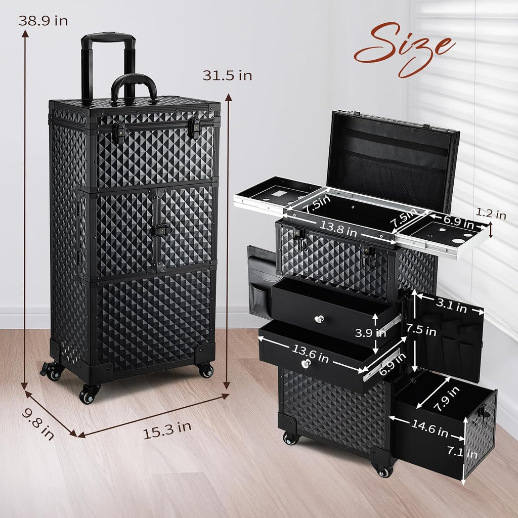 Joligrace Cosmetology Case on Wheels, Rolling Makeup Case for Hairstylists & Makeup Artists， Lockable Professional Make up Case Salon Trolley Cart with Hairdryer Holder for Salon/Barber/Travel, Black