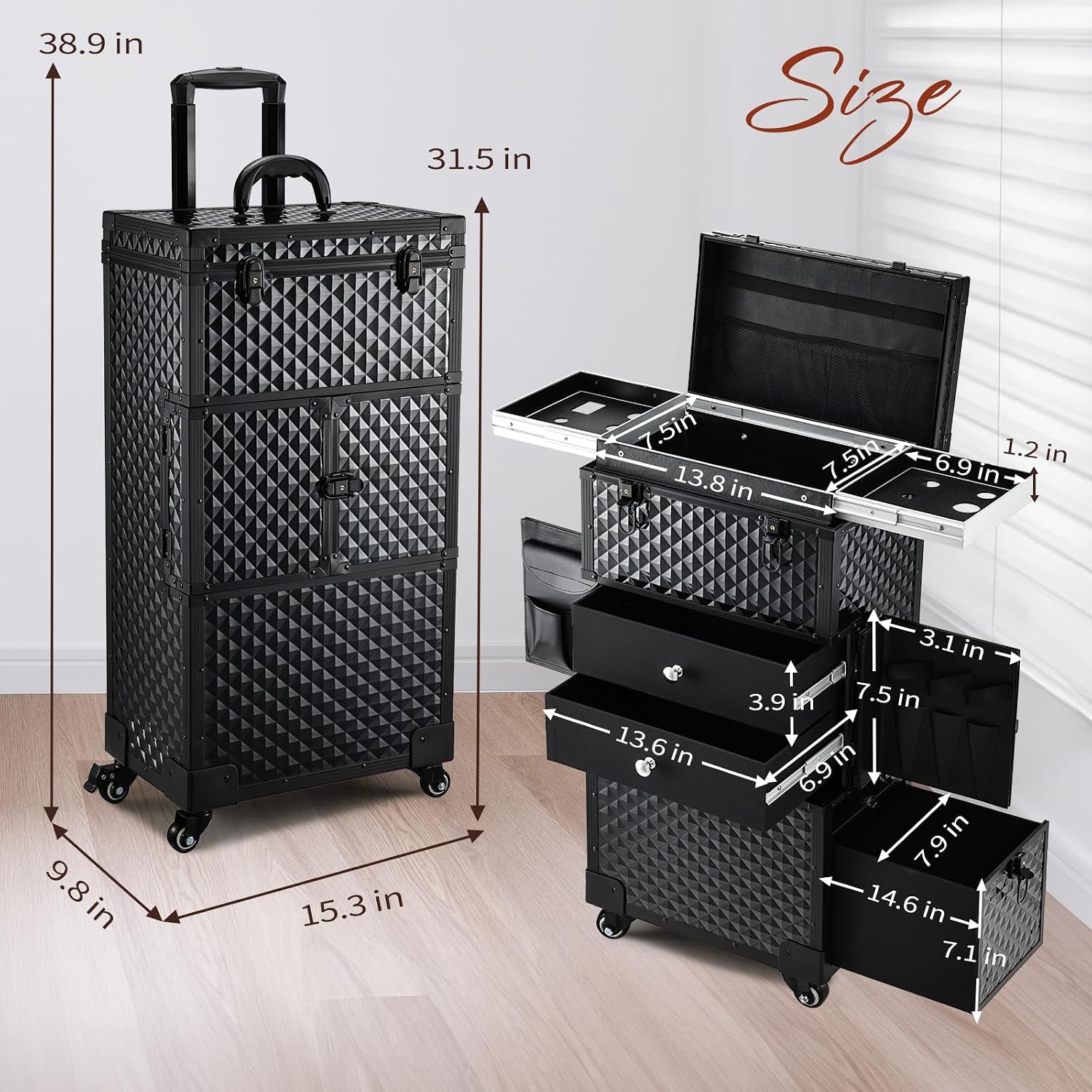Joligrace Cosmetology Case on Wheels, Rolling Makeup Case for Hairstylists & Makeup Artists， Lockable Professional Make up Case Salon Trolley Cart with Hairdryer Holder for Salon/Barber/Travel, Black