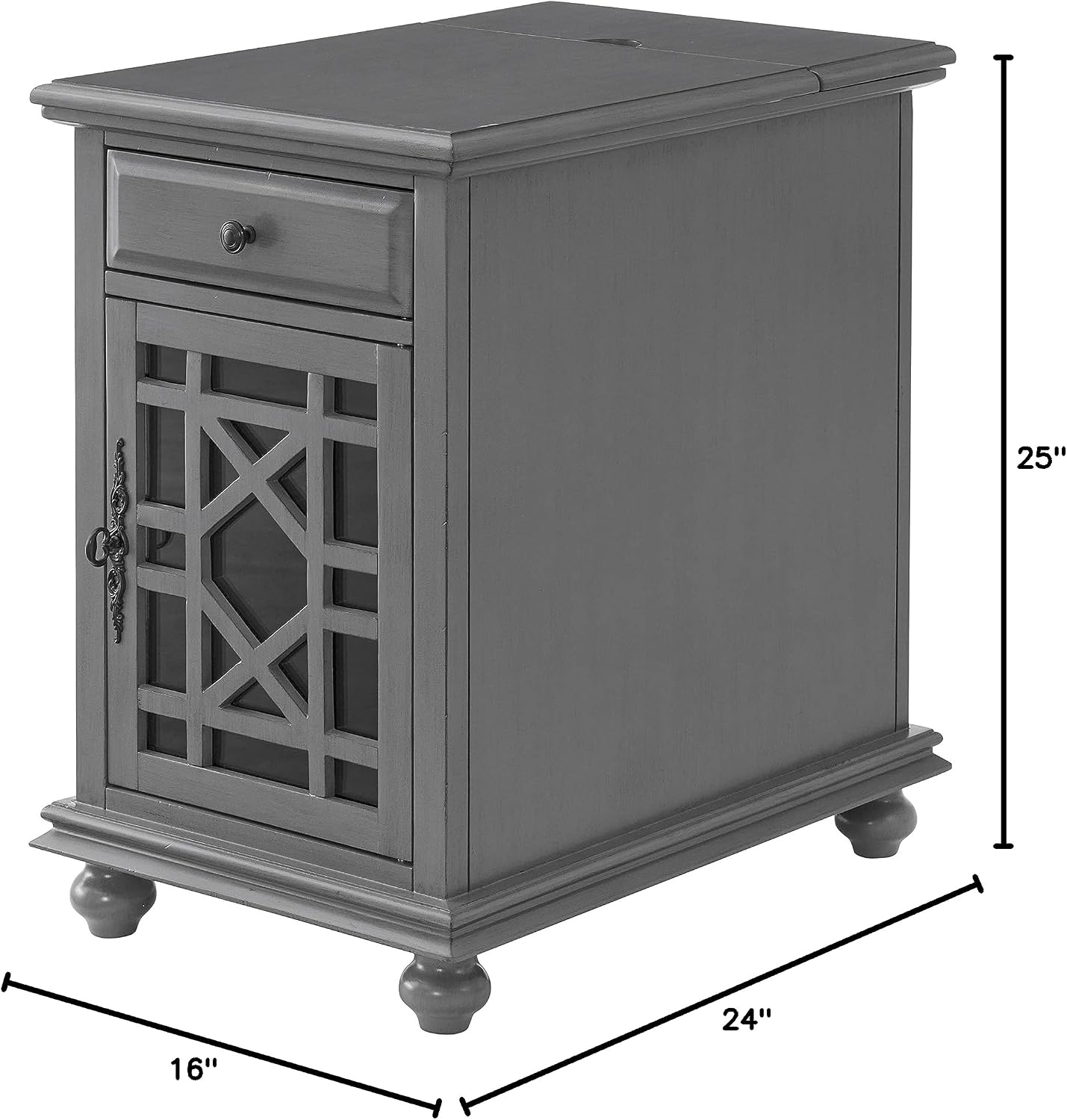 Martin Svensson Home Elegant Chairside End Table with Power — 24″W x 16″D x 25″H, Gray — Transitional Painted Accent Table with Flip-Top USB Charging, Drawer & Cabinet Storage