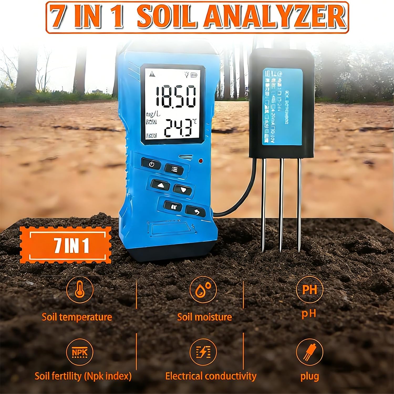 7-in-1 Soil Test Kit - High Accuracy pH, Moisture, NPK Nutrient Meter for Phosphorus, Potassium, Conductivity - Essential Gardening Tool for Healthy Plants