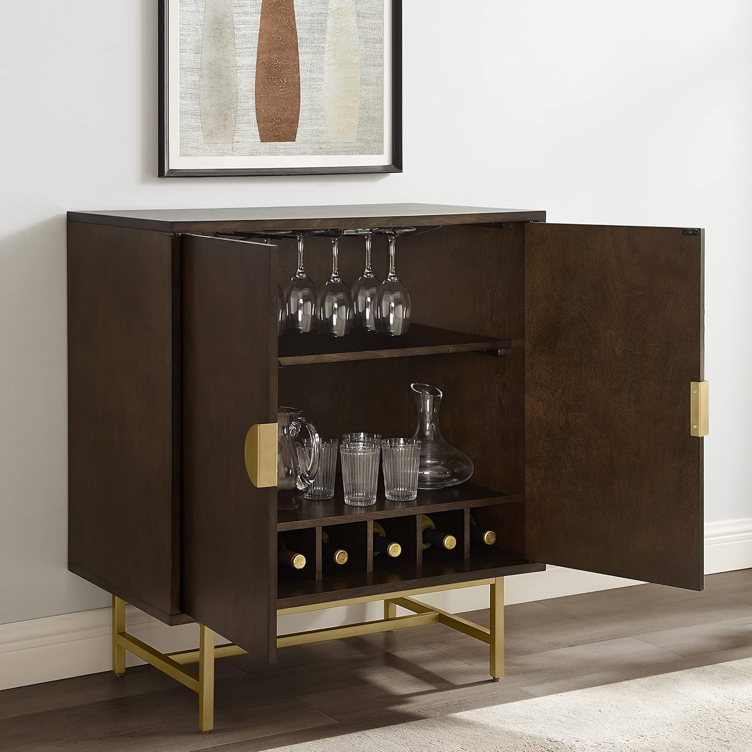 Crosley Furniture Blair Bar Cabinet with Storage Shelves and Wine Rack, Dark Brown/Gold