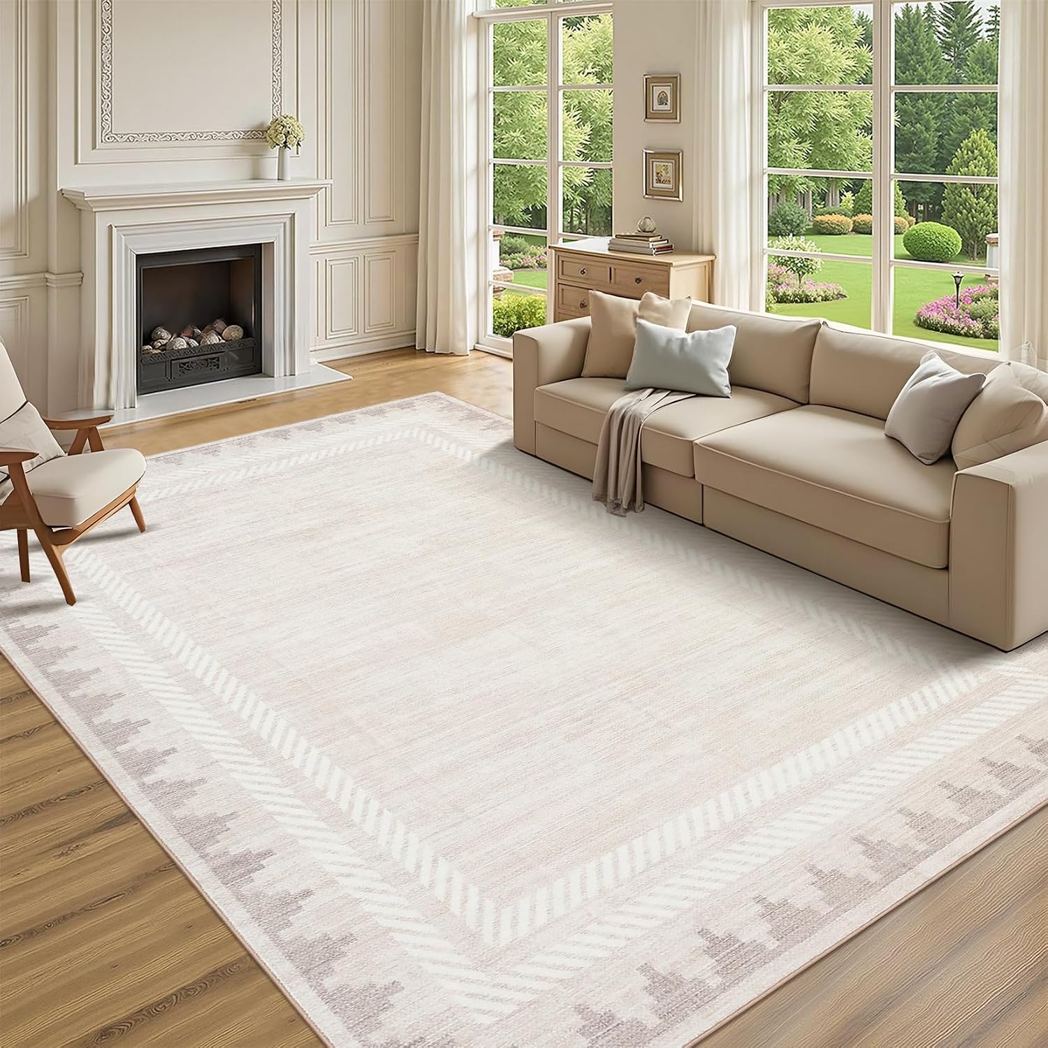 Washable 10x13 Area Rugs for Living Room Non Slip Modern Solid Bordered Rug, Stain Resistant Bordered Soft Carpet, Neutral Foldable Floor Rugs for Bedroom Dining Room Nursery Farmhouse,Ivory White