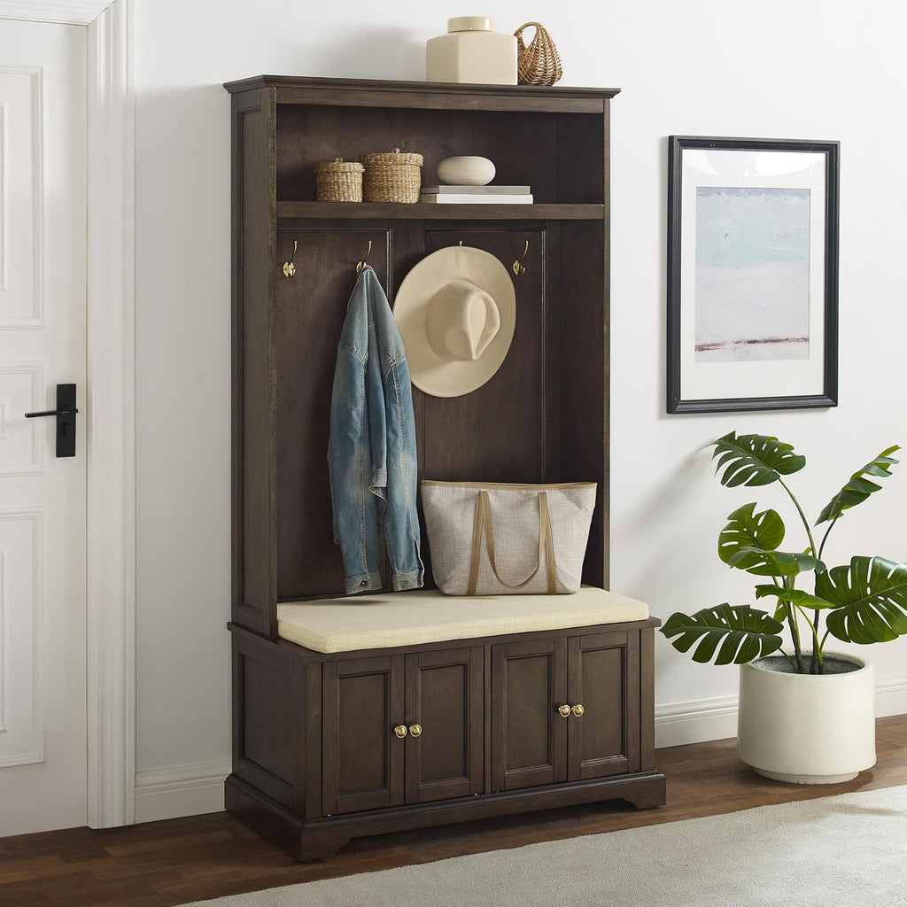 Crosley Furniture Holbrook Hall Tree with Shoe Rack Bench and Coat Hooks for Hanging Storage, Coffee