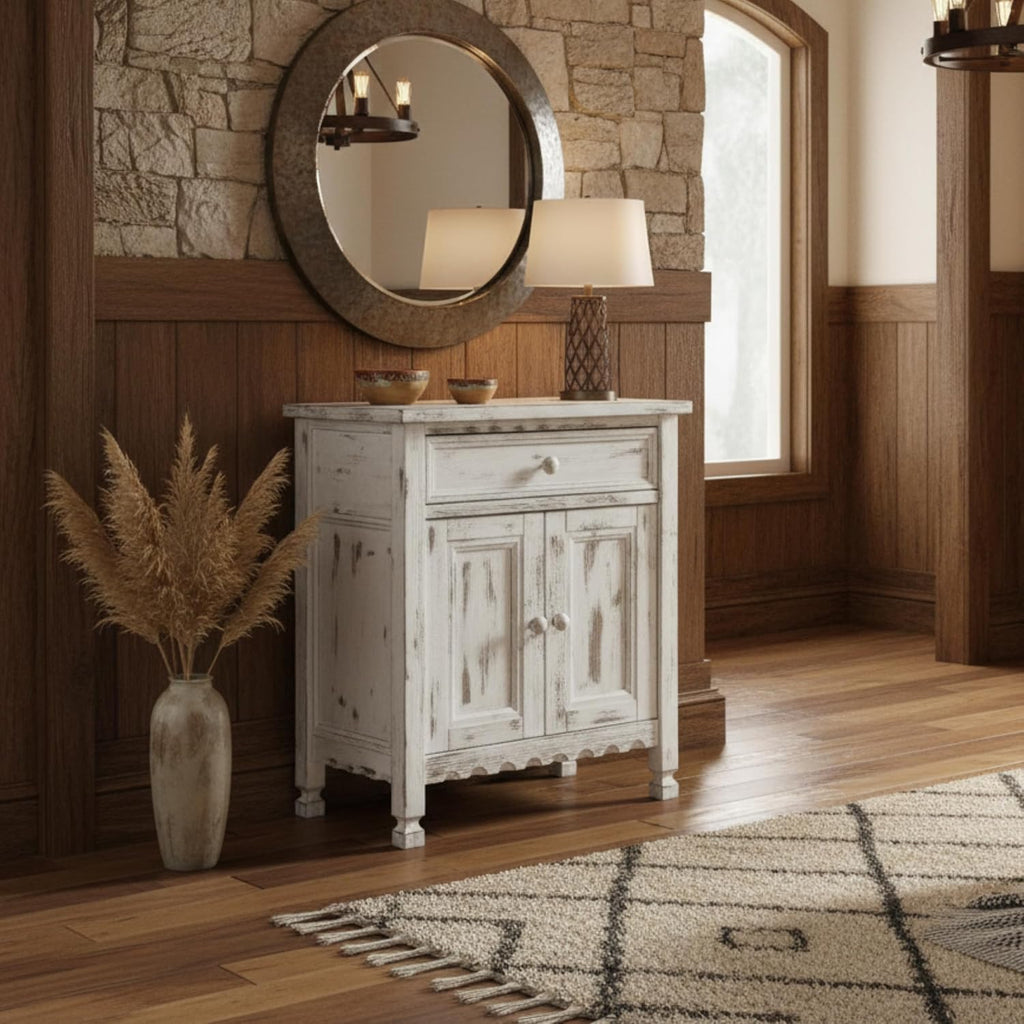 Alaterre Furniture Country Cottage Accent Cabinet with Drawer, Adjustable Shelf & 2 Doors – Modern Farmhouse Sideboard Buffet Storage Cabinet for Living Room, Dining Room or Entryway (White Antique)