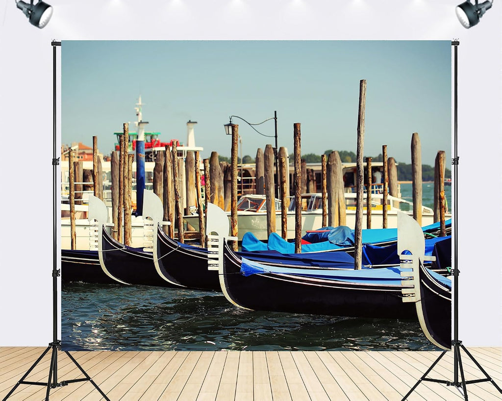Trykid 20x10ft Venice Gondolas Backdrop Moored Poles Blue Covers Historic Italian Waterfront Photography Background Wedding Event Party Decoration Photo Booth Prop Fabric