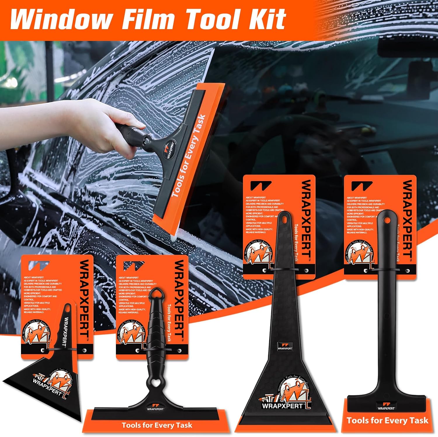 WRAPXPERT Window Tinting Tools for Windshield/Rear Glass Film Install and Clean Includes Bulldozer Squeegee, Window Scraper, Felt Squeegee, Small PPF, Utility Knife, Vinyl Wrap Cutter