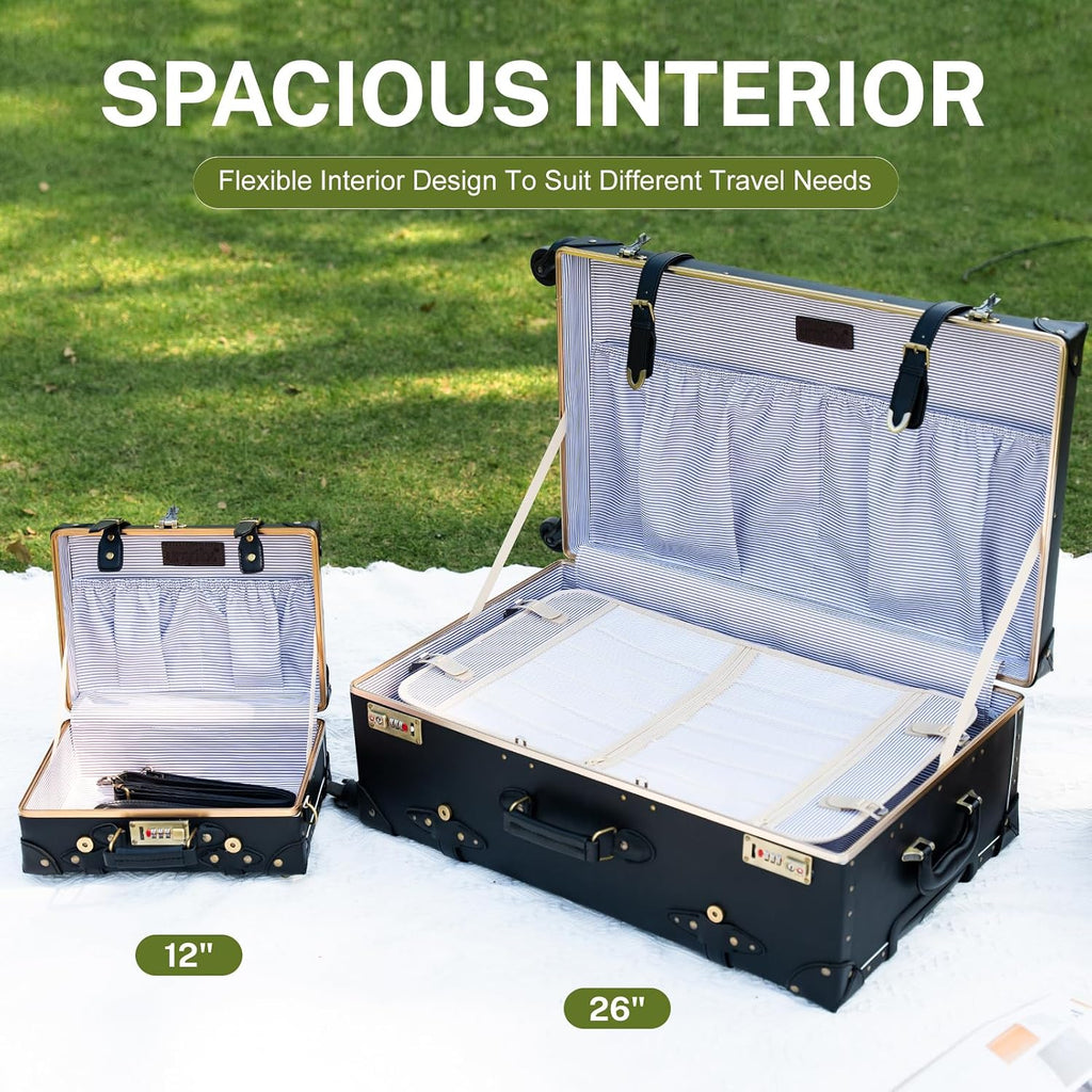 urecity Designer Vintage Trunk Combination Luggage Sets of 2 Piece, Hard Shell Retro Travel Suitcase with Wheels (Black, 20'+12')