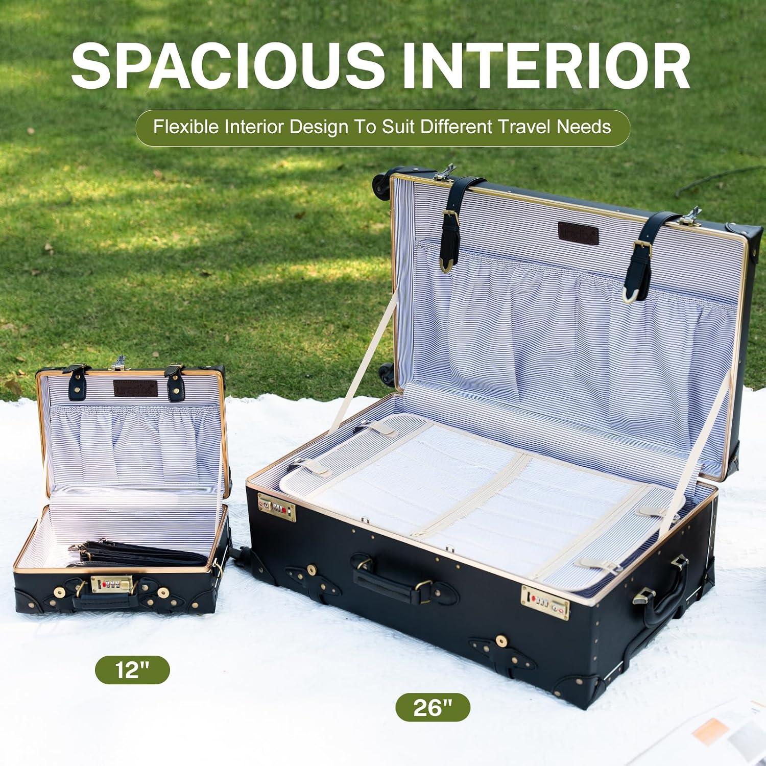 urecity Designer Vintage Trunk Combination Luggage Sets of 2 Piece, Hard Shell Retro Travel Suitcase with Wheels (Black, 20'+12')